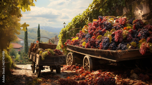 Generative AI, Fresh grapes in a truck, grape harvest at a vineyard
