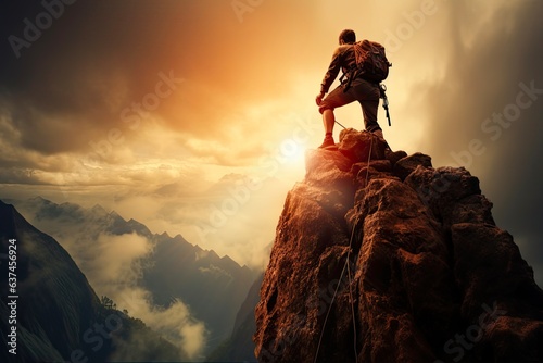 Leinwand Poster Overcoming the Challenge: Man Ready to Conquer Mountain and Achieve Success thro