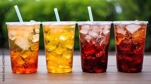 Refreshing Carbonated Beverages: Closeup of Plastic Cups with Bubbly Coke and Caffeine in Cafes. Generative AI