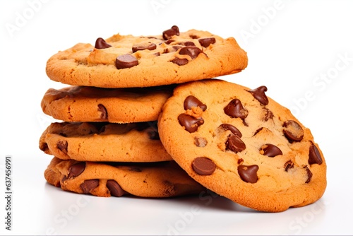 Stack of Homemade Chocolate Chip Cookies on White Background. Delicious Pile of Cookies for a Fun Snack or Dessert Treat: Generative AI