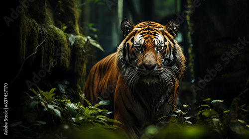 A tiger stalks among the green leaves of the jungle.