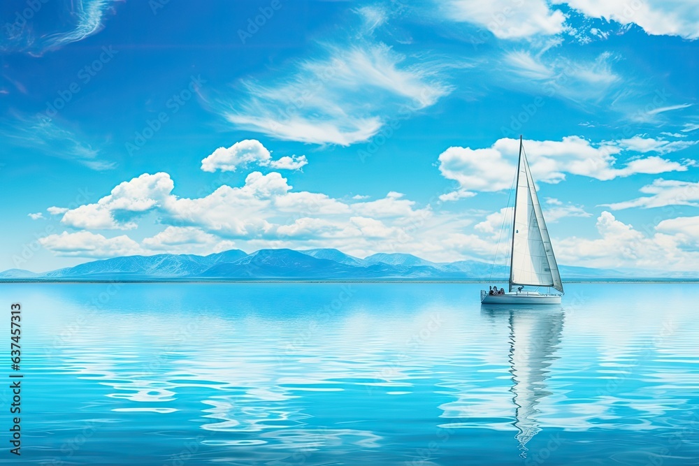 sailing boat on a calm blue lake near a beach Generative AI