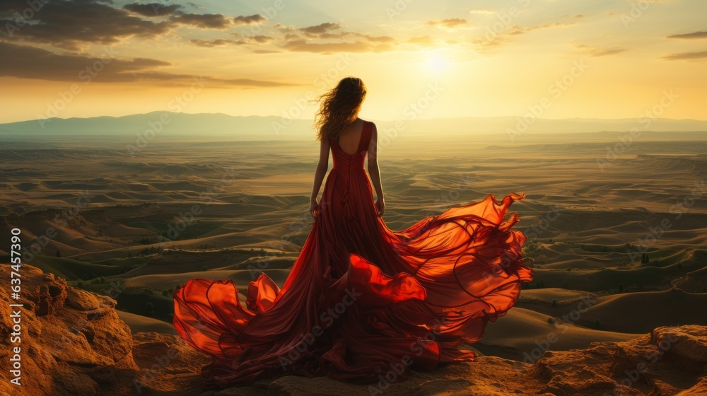 Woman standing on the top of a mountain with red dress looking at the landscape.. Made with Generative AI. 