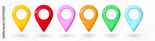 Set of realistic bright map pointers. Color 3d map pins. Place location and destination icons.