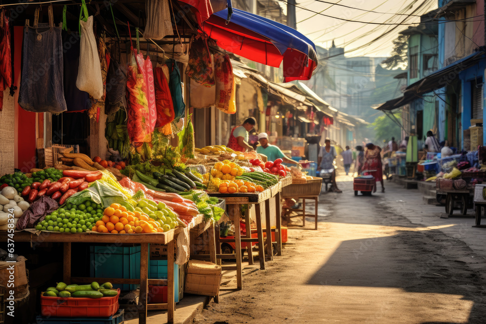 Colorful Street Market with Vibrant Fresh Produce and Local Vendors