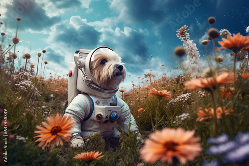 Dog in astronaut suit, abstract landscape on another planet in csmic space. Generative AI photo