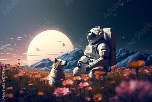 Man and dog in astronaut suit sitting on another planet in space. Generative AI