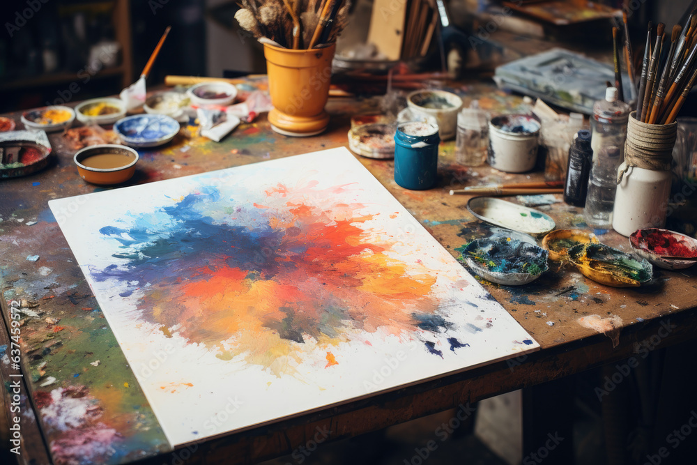 Creative Workspace with Artist's Palette and Paintbrushes Creative Workspace with Artist's Palette and Paintbrushes