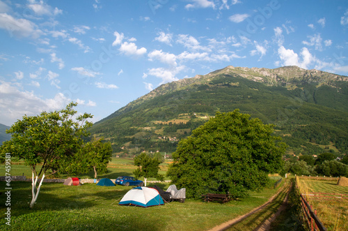 Camping in the Plav Valley in the mowed meadows in Montenegro