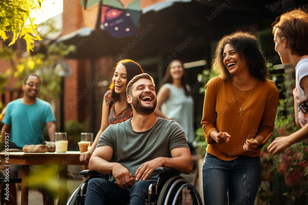Obraz premium Group of diverse friends with disabilities on wheelchair, having great time and laugh together. Support and friendship concept. Generative AI