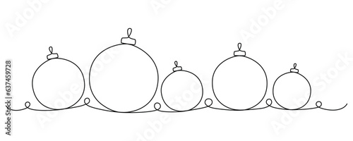 Christmas ball continues one single line hand drawing sketch. Vector stock illustration isolated on white background for design template winter holiday banner, card, invitation. Editable stroke. 
