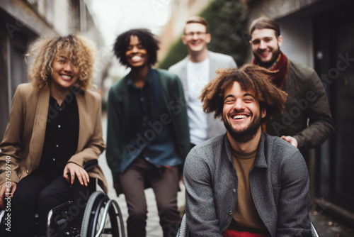 Group of diverse friends with disabilities on wheelchair, having great time and laugh together. Support and friendship concept. Generative AI