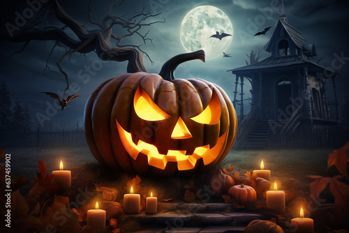 Halloween pumpkin jack-o-lantern glowing in the night in front of haunted house. Generative AI