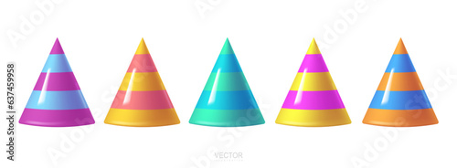 3d party hat set isolated on a white. Realistic Birthday hat set. Vector fun decoration. Colorful surprise costume.