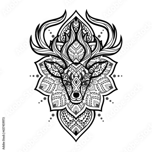 Deer mandala. Vector illustration. Esoteric, Spiritual Wild Animal in Zen boho style. coloring page