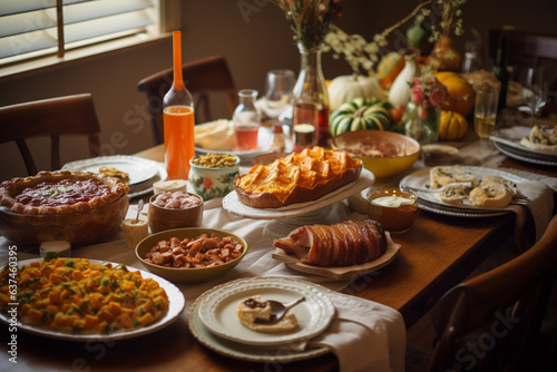 Thanksgiving festive food on wooden table. Generative AI