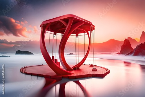the product display stand and red water splashing on background.3D rendering