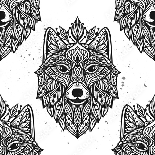 Wolf mandala. Vector pattern illustration. Esoteric, Spiritual Wild Animal in Zen boho style. Black and white print