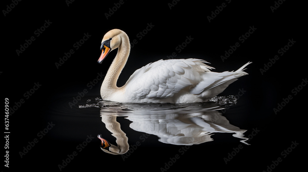 Fototapeta premium Beautiful white swan on a dark background, soft light.