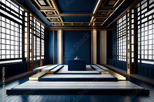 Dark blue geometric background, japanese style podium blue concept .3d rendering