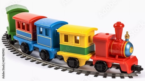 A toy, children's, multi-colored train rides on rails. Isolated on white background.