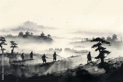 Stunning dawn scene in fog with silhouetted samurais on the historic Sekigahara battlefield, delivered in modern ink wash style and muted tones. photo