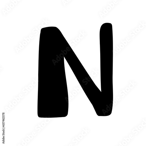 Bold N letter latin english in doodle hand drawn style isolated on white background. For logo, presentation, branding, education, font, signboard, lettering.