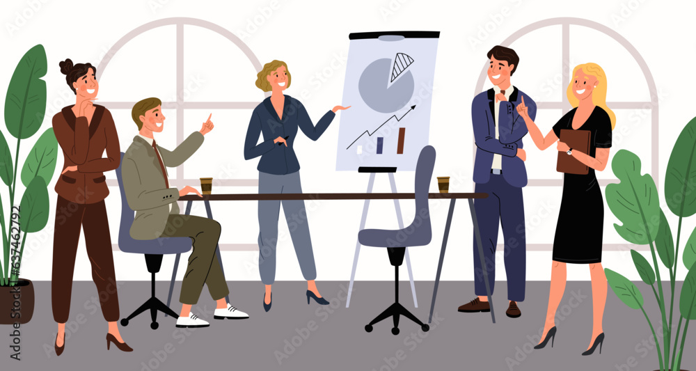 Business woman holds presentation. Lady talks about project in conference room. Office employees listen report. Businesswoman presents infographic at whiteboard. Garish vector concept