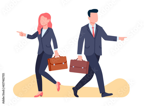 Business partners go separate ways. Successful man and woman in suits walking with briefcases. Opposite path directions. Different choices. Female and male decisions. Vector concept