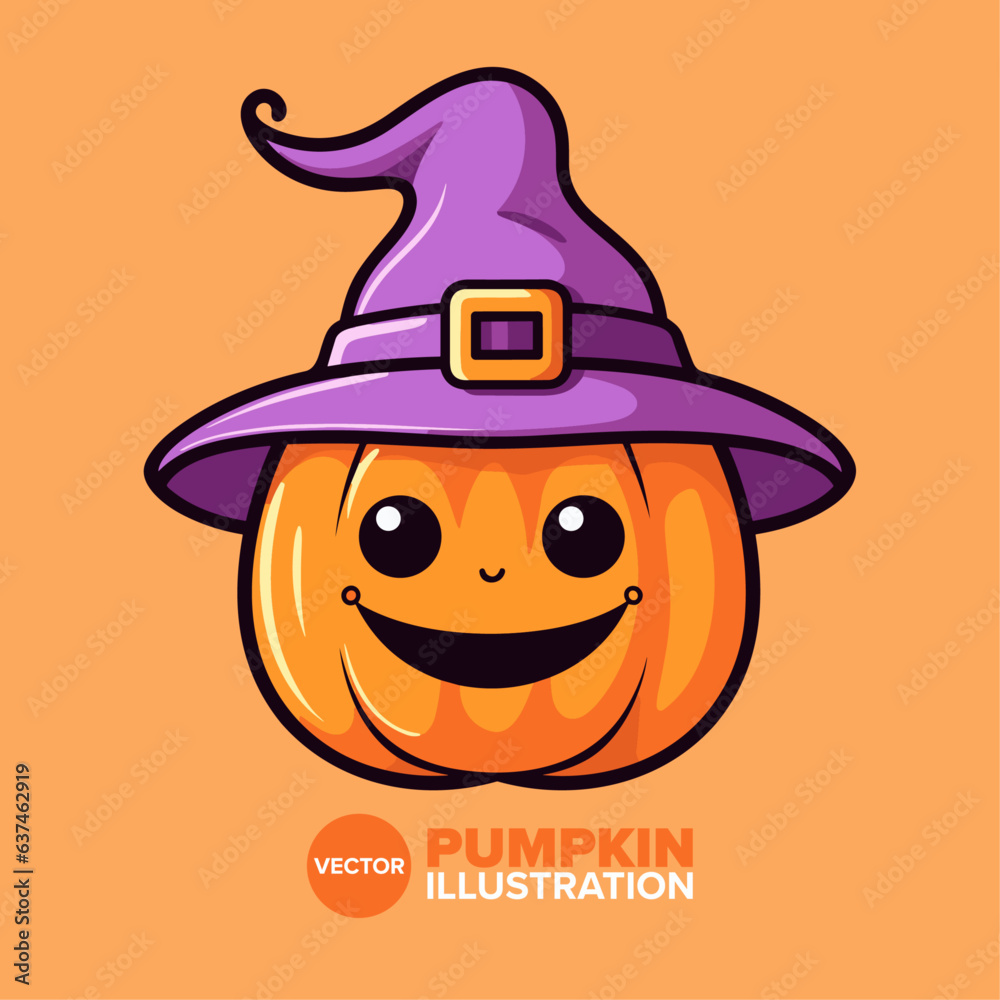 Cute Pumpkin with Witch Hat: Halloween Cartoon Illustration in Flat Vector Style for Perfect Poster, Card, Decoration, and Print