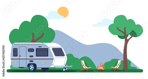 Caravan trailer standing outdoors in woods next to campfire and lounge chairs. Hiking adventure. Automobile camping van. Empty armchairs by bonfire. Summer vacation. Vector concept
