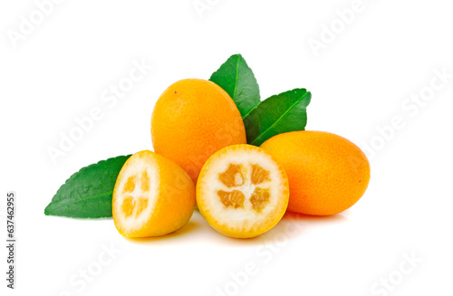 Kumquat fruits with leaf isolated on white background