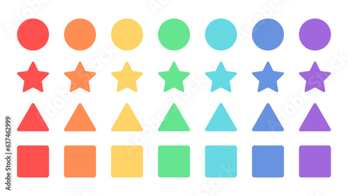 Geometric shapes for kids. Set of colorful different shapes. Logic worksheet for kids. Kindergarten children game. Square, triangle, circle math figure child preschool activity. Vector illustration