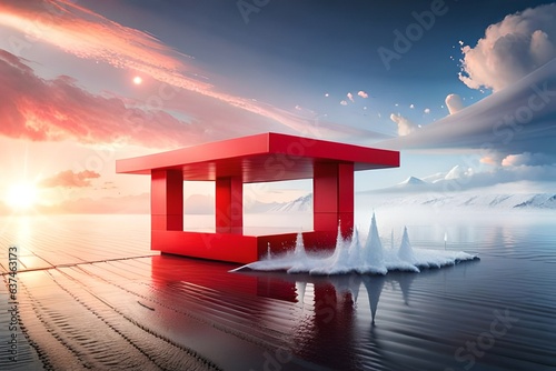 the product display stand and red water splashing on background.3D rendering