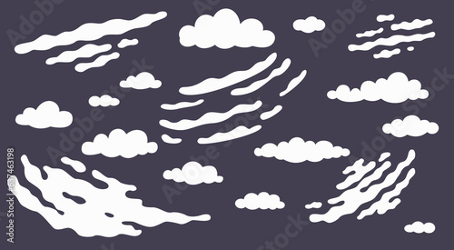 Cartoon clouds. Different types or shapes meteorological phenomena. Flying atmospheric evaporation. Cirrus, cumulus and layered objects. Overcast heaven. Vector cloudscape elements set