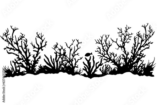Hand drawn corals and seaweed silhouette isolated on white background. Vector icons and stamp illustration.