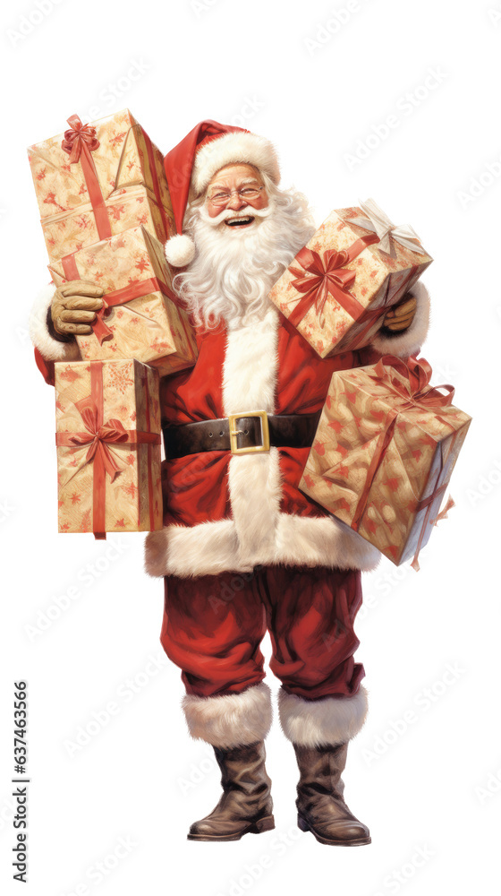 Santa Claus holding presents in an isolated and transparent PNG in a Holiday-themed, photorealistic illustration. Generative ai