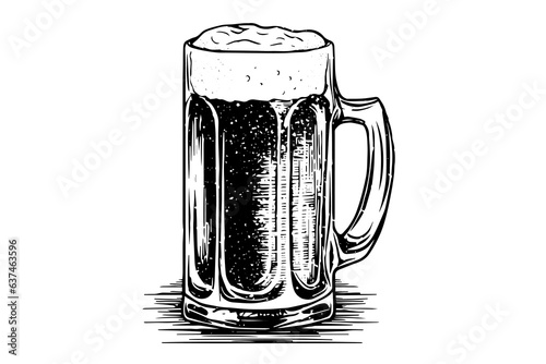 Beer glass with ale and lush foam.hand drawn ink sketch. Engraving vintage style vector illustration.