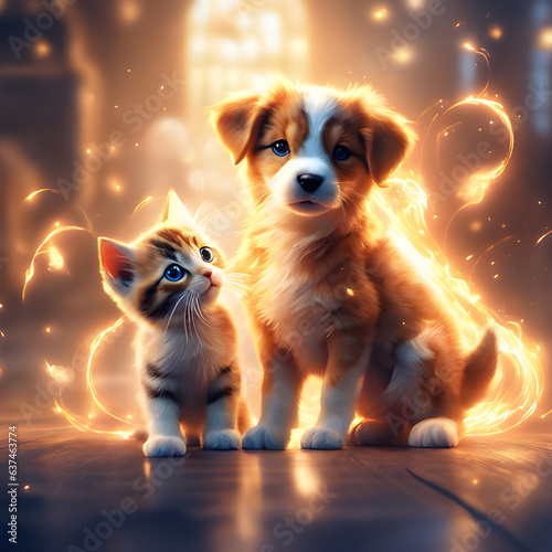 Lovely magical  cute puppy and kitten