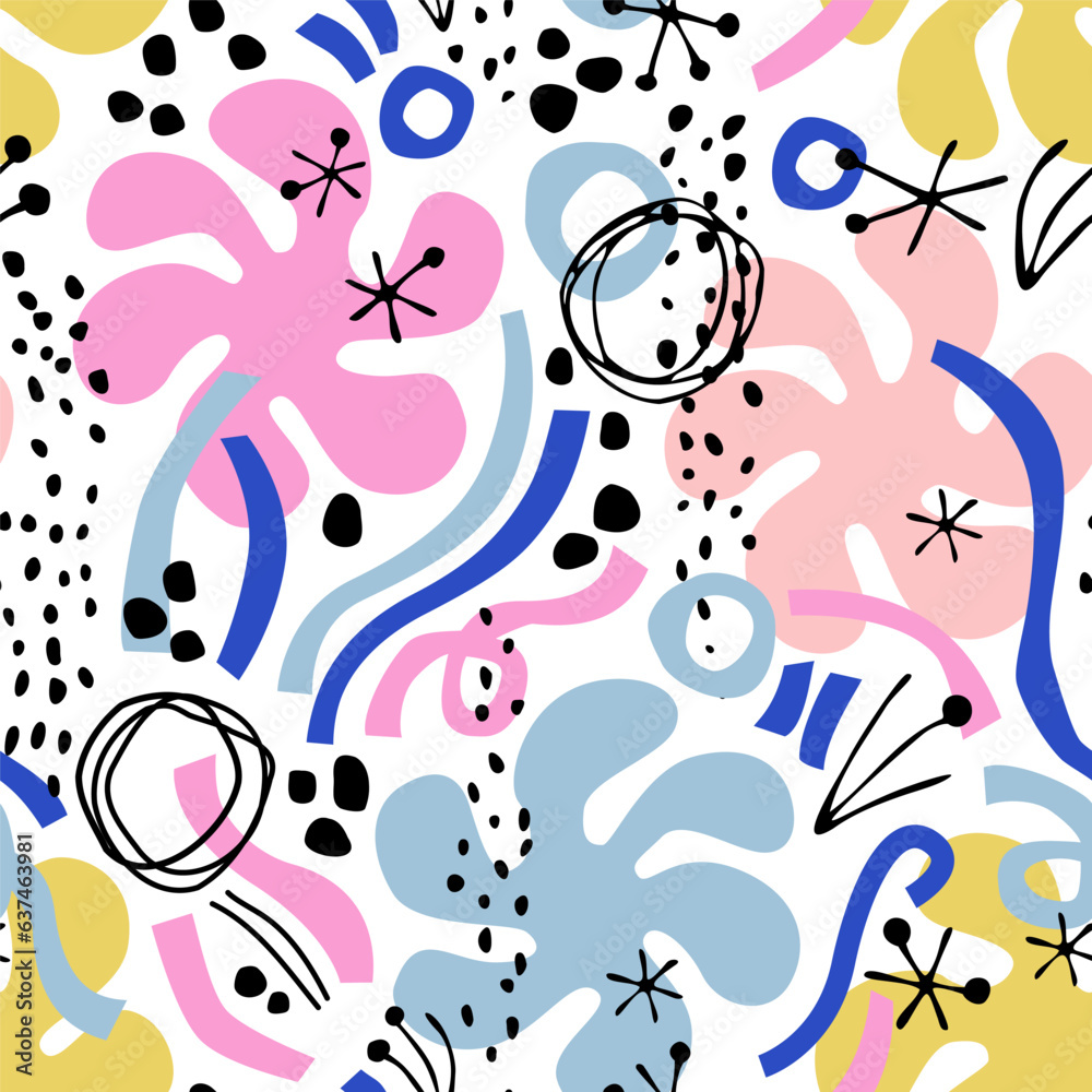 Naklejka premium Abstract minimal lines, circles, doodles, squiggles seamless pattern.