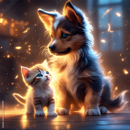 Lovely magical cute puppy and kitten