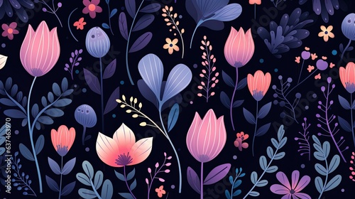 Wallpaper Mural a Whimsical floral on a dark background with luminescent colors in a Commercial pattern-themed image as a JPG horizontal format. generative ai Torontodigital.ca