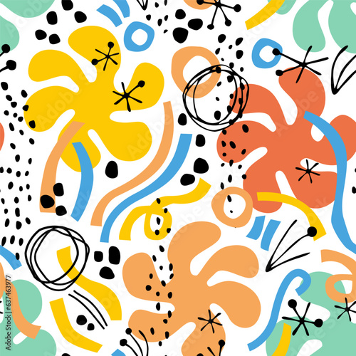 Abstract minimal lines, circles, doodles, squiggles seamless pattern.