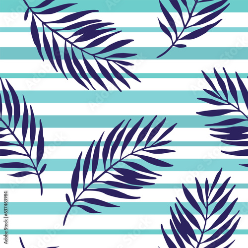 Navy blue tropical leaves on striped background. Seamless tropical pattern