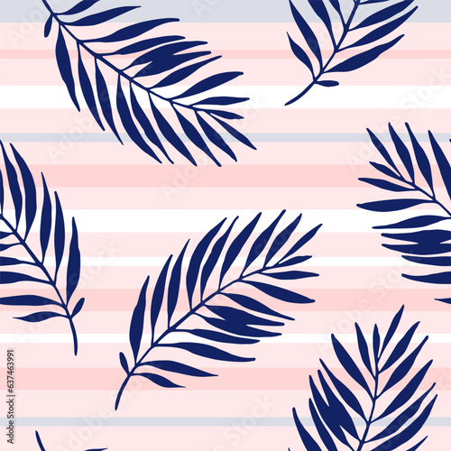 Abstract tropical leaves on striped background. Seamless tropical pattern