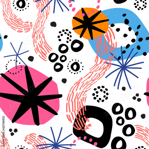 Abstract cut out forms, doodles circles, dots, squiggles seamless pattern.
