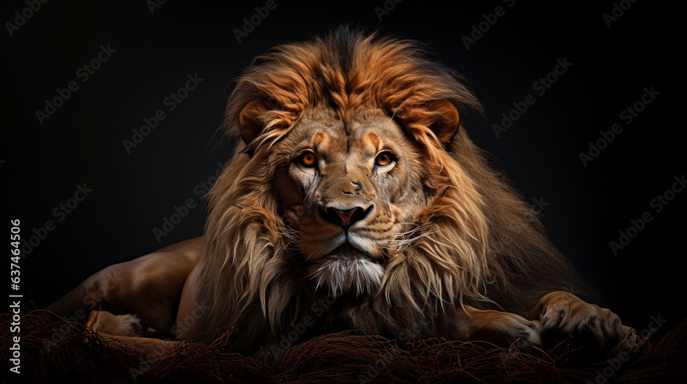 Naklejka premium Beautiful lion on a dark background, straight view.