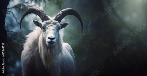 Portrait of altai mountain goat in forest.