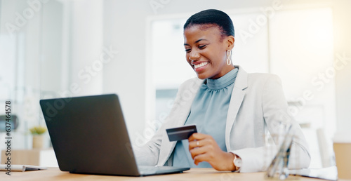 Canvastavla Ecommerce, online shopping and black woman with credit card, laptop and smile for discount with fintech