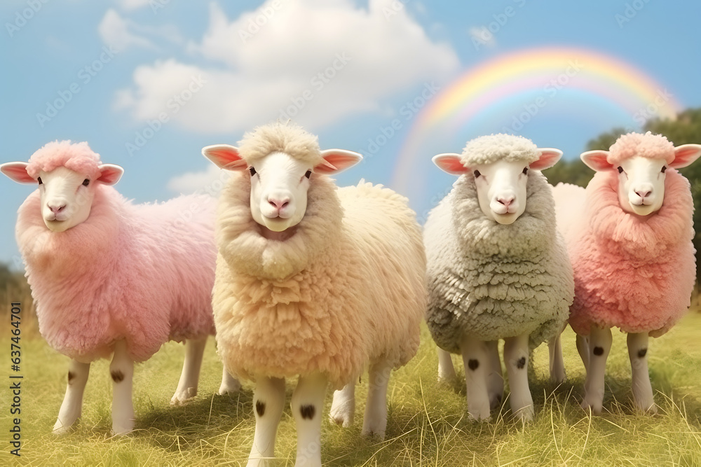 Obraz premium Flock of sheep in green pasture. Lamb group